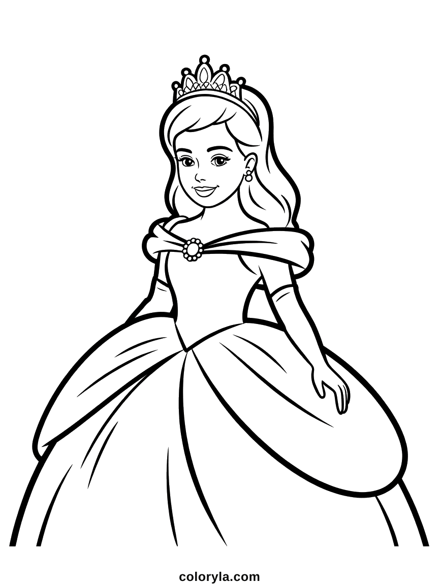 En lignes fines et de trois quarts, une broche au col et une robe en longs plis, coloriage de princesse en A4.