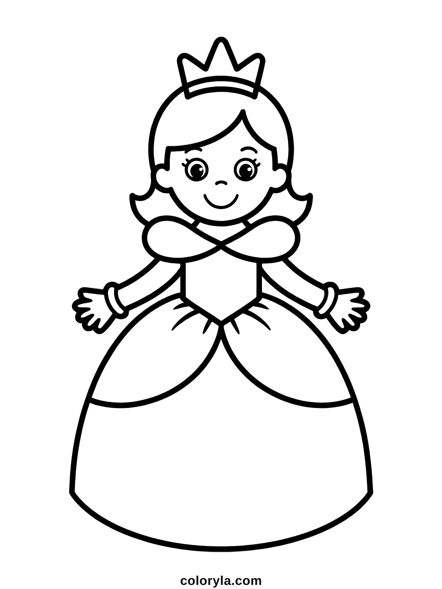 Traits très épais, couronne pointue et jupe large laissée vide sur une princesse, coloriage à imprimer en A4.