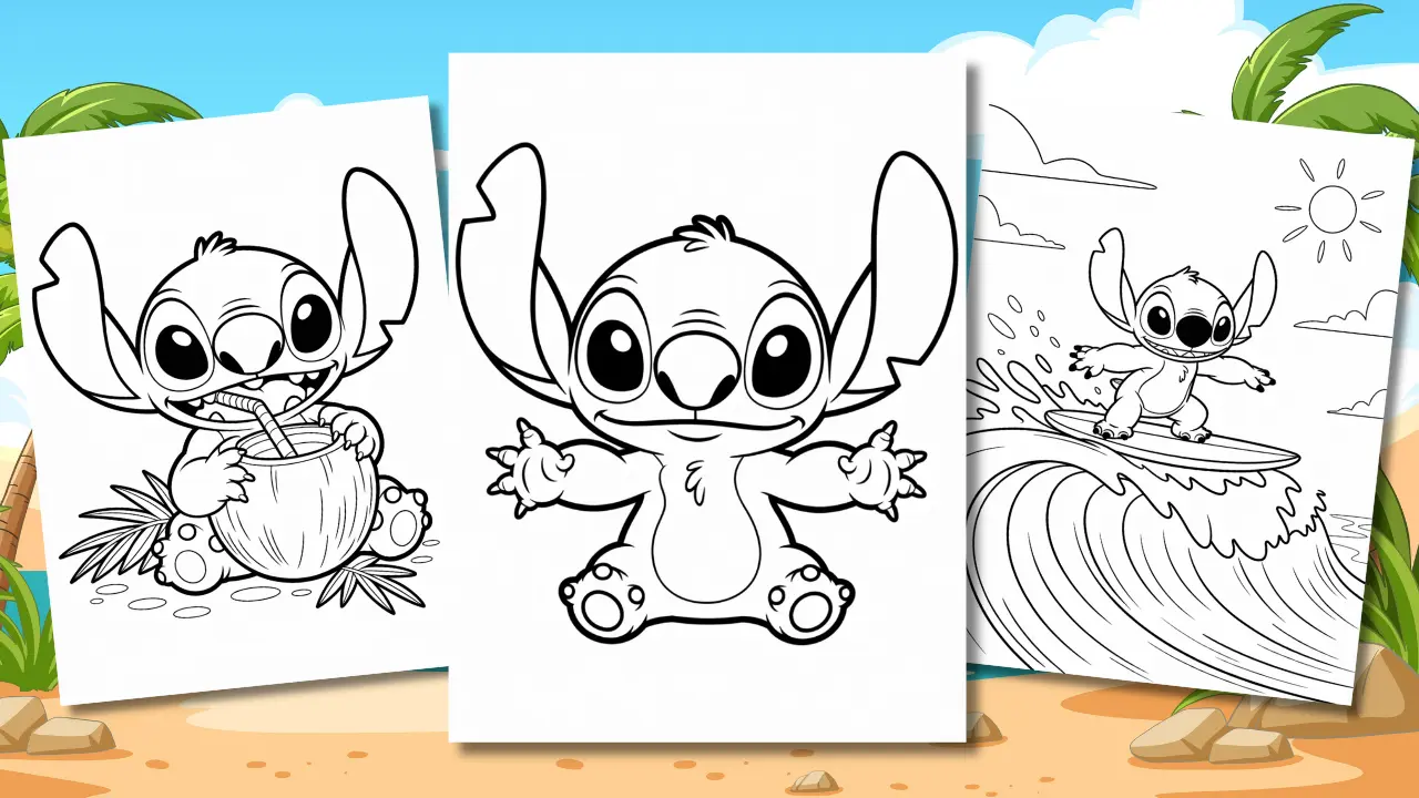 The Stitch coloring pages cover: a mosaic of printable drawings, from a Hawaiian beach to a Santa hat.