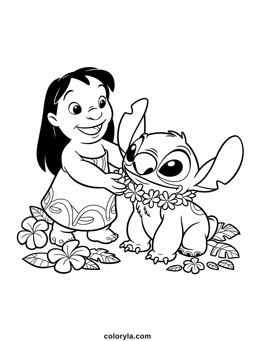 Lilo legt Stitch zwischen Blüten und Blättern eine Blumenkette um. Ein süßes Ausmalbild von Lilo und Stitch, kostenlos.