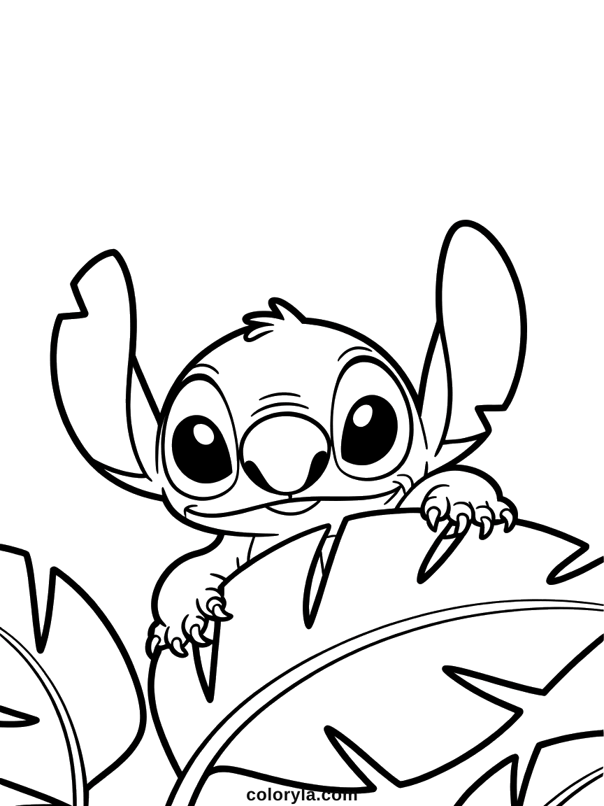 Ausmalbild schüchterner Stitch hinter einem Blatt Hinter einem großen Blatt versteckt, zeigt dieses süße Stitch Ausmalbild nur Augen, Ohren und die Pfoten am Blattrand.