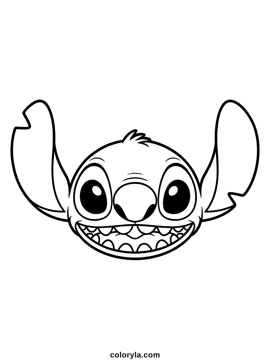 Ausmalbild einfaches Stitch-Gesicht Nur der Kopf mit großen Augen und breitem Grinsen, die Ohren weit abstehend. Ein einfaches Stitch Ausmalbild zum Ausdrucken.