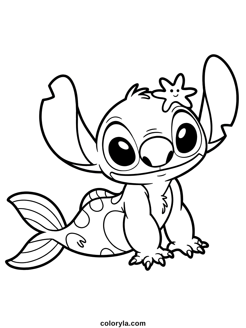Stitch mit Fischschwanz und Seestern auf dem Kopf. Ein süßes Ausmalbild von Stitch als Meerjungfrau zum Ausdrucken.