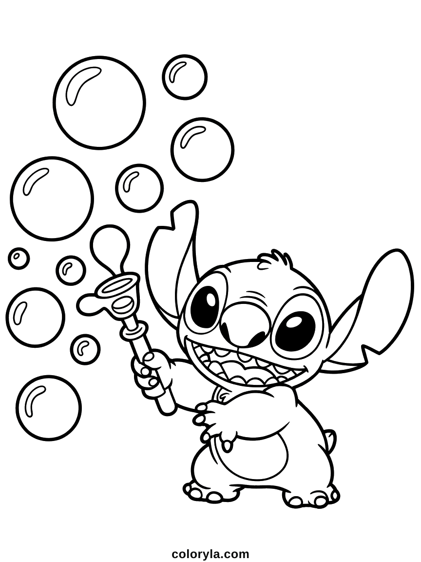 Cute Stitch coloring page with a bubble wand in his paw and round bubbles floating all around him, free to print.
