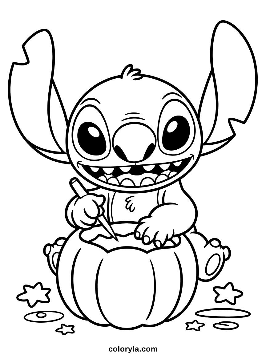 Mit dem Messer am Deckel eines runden Kürbisses: ein süßes Stitch Ausmalbild für Halloween, kostenlos zum Ausdrucken.
