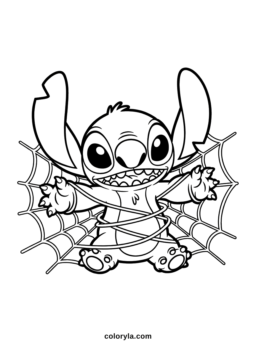 Web threads wound round his belly, arms stuck out to the sides. A printable Stitch coloring page for Halloween.
