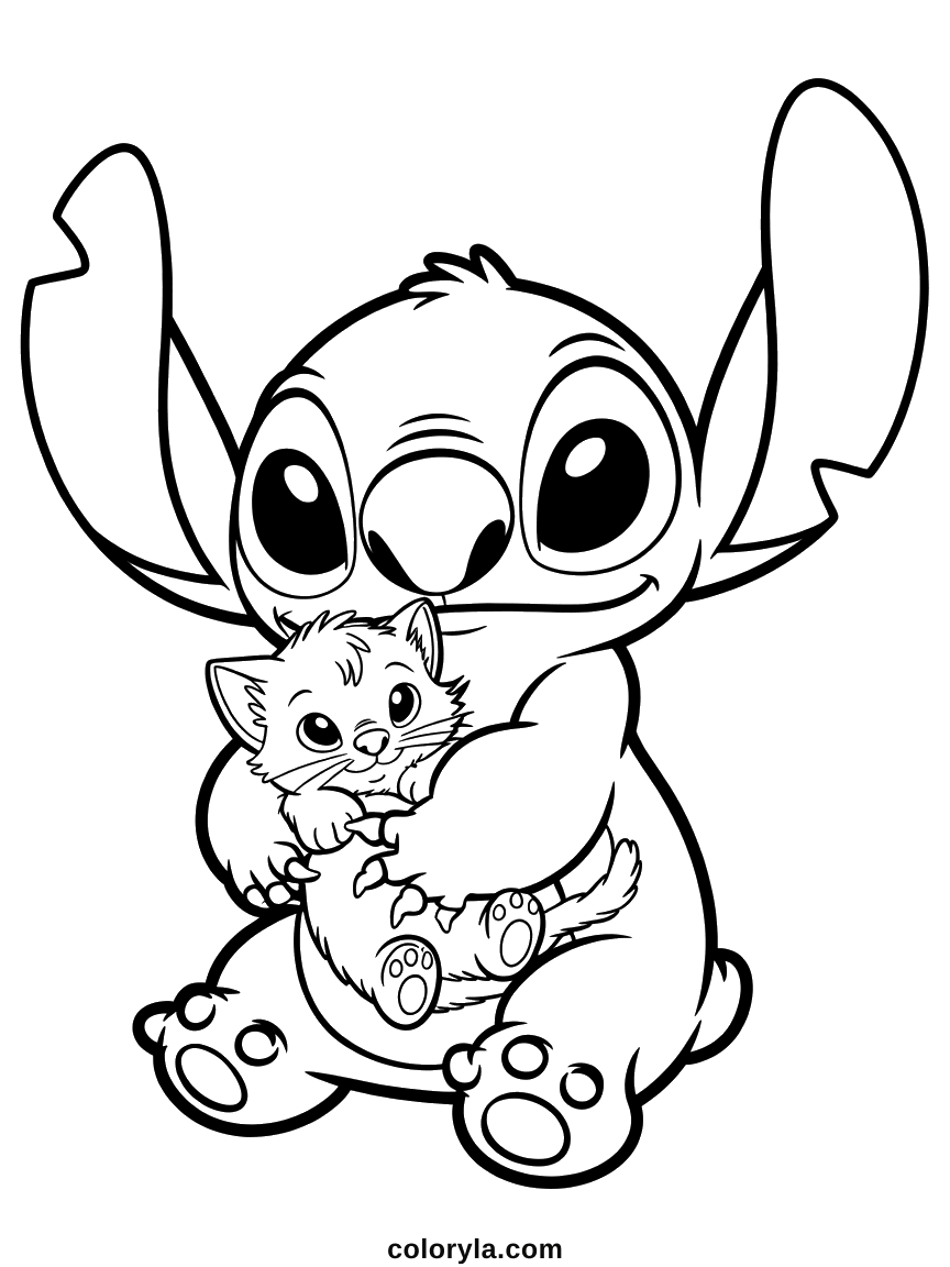Ein flauschiges Kätzchen an die Brust gedrückt, beide lächeln, ein süßes Stitch Ausmalbild zum Ausdrucken.