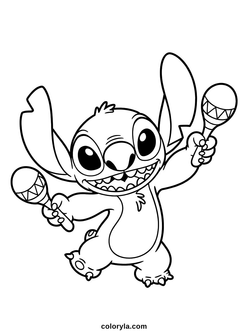 Auf einem Bein, eine Maraca in jeder Pfote und breit grinsend, ein einfaches Stitch Ausmalbild zum Ausdrucken.