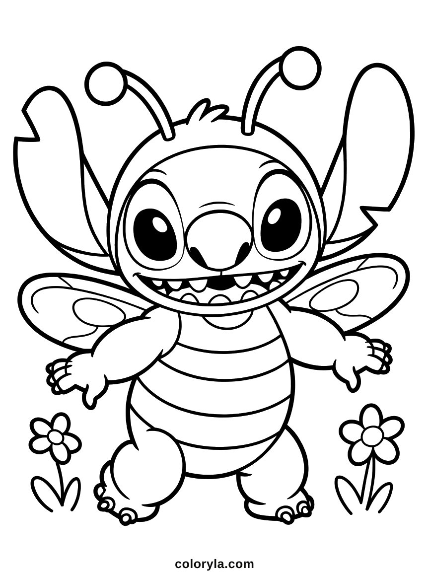 Striped body and round wings, a cute Stitch coloring page for spring, with a flower growing on each side.
