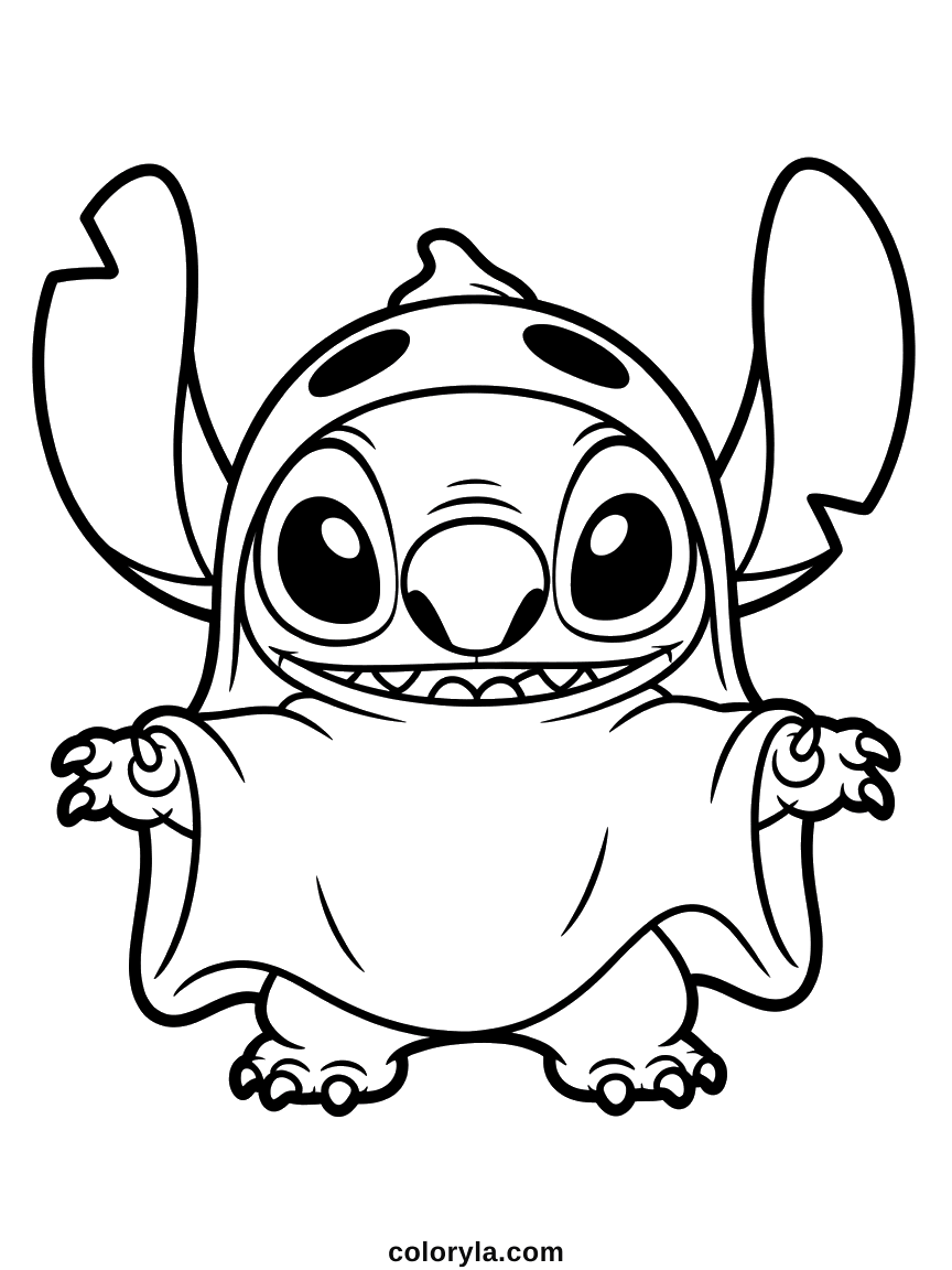 Unter einem Laken mit Kapuze und Gespensteraugen streckt er die Krallen aus. Einfaches Stitch Ausmalbild für Halloween.