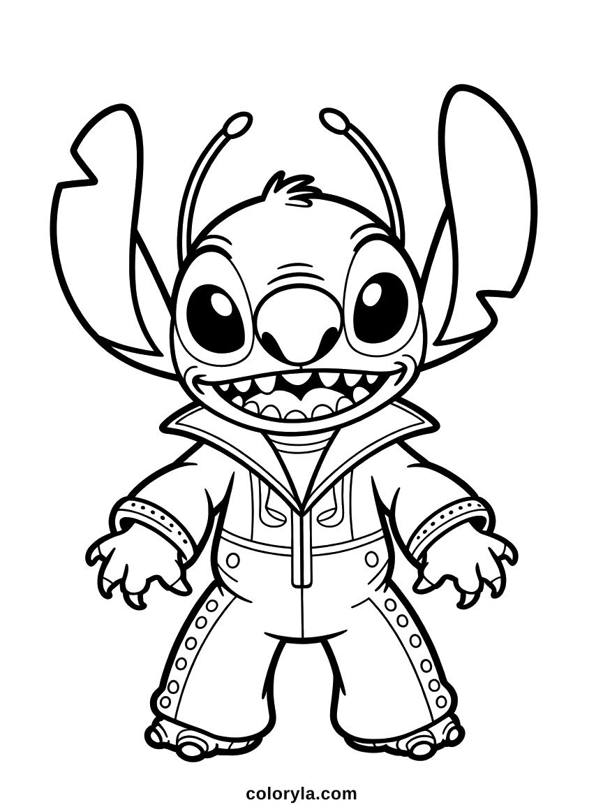 Stitch strikes a pose in a jumpsuit with a high collar and studs down the legs, a free Stitch coloring page.