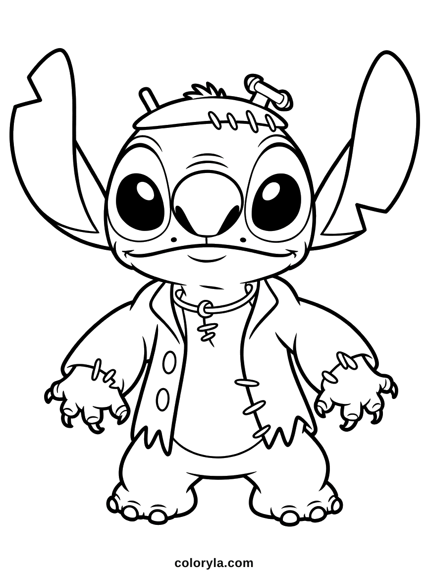 Schrauben am Kopf, eine Narbe auf der Stirn und eine zerfetzte Jacke. Einfaches Stitch Ausmalbild als Frankenstein.