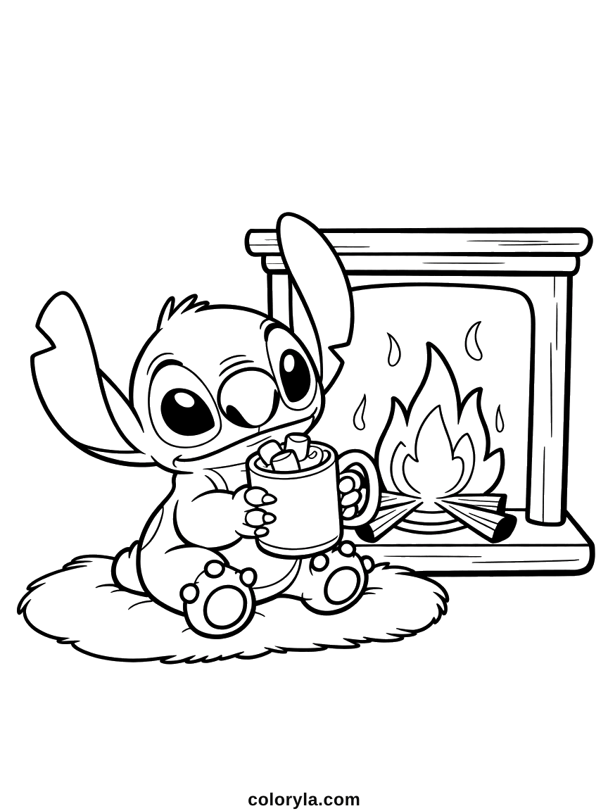 Mit Kakaotasse am Kamin, ein gemütliches Ausmalbild mit Stitch zum Ausdrucken, auf flauschigem Teppich sitzend.