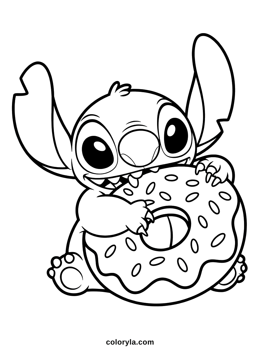 Biting into a donut almost as big as he is, with dripping icing and sprinkles, cute Stitch coloring page to print free.