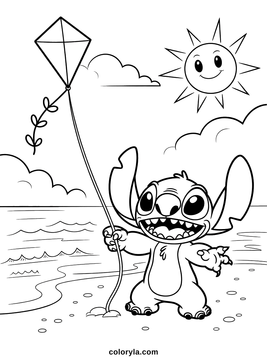 Stitch hält am Strand die Drachenschnur, oben lacht die Sonne. Ein einfaches Ausmalbild mit Stitch zum Ausdrucken.