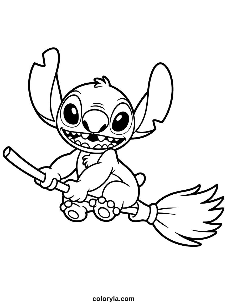 Gripping the handle of a witch's broom, a printable Stitch coloring page for Halloween with feet tucked up and a big grin.