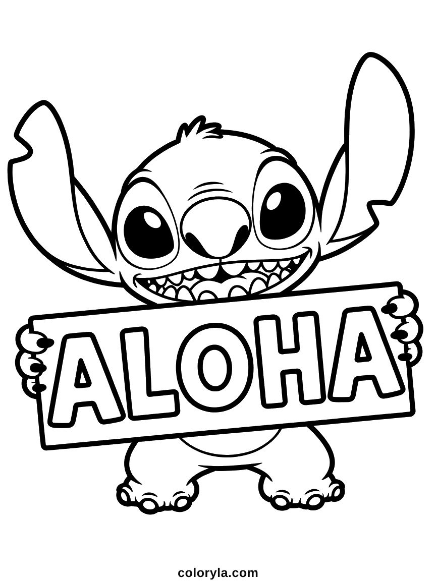 Hinter einem Schild mit ALOHA zeigt dieses einfache Stitch Ausmalbild ein breites Grinsen und aufgestellte Ohren.