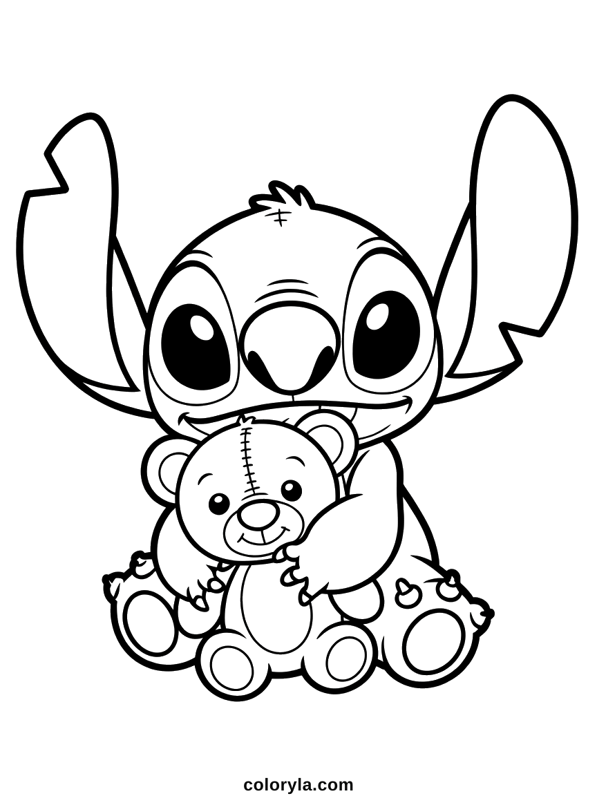 Stitch umarmt einen Teddy mit Naht auf dem Kopf. Ein süßes Kawaii Ausmalbild von Stitch, kostenlos zum Ausdrucken.