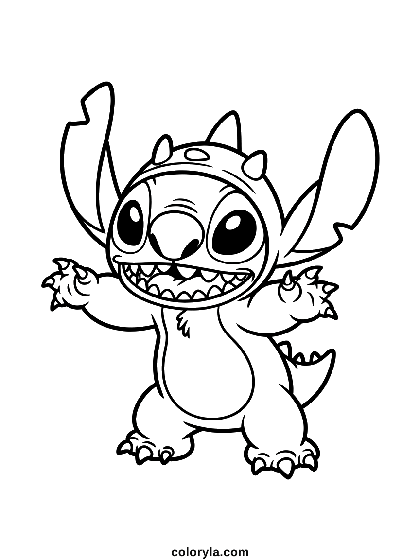 Hörner an der Kapuze und ein Zackenschwanz: Stitch Ausmalbild im Dinokostüm, einfach und gratis zum Drucken.
