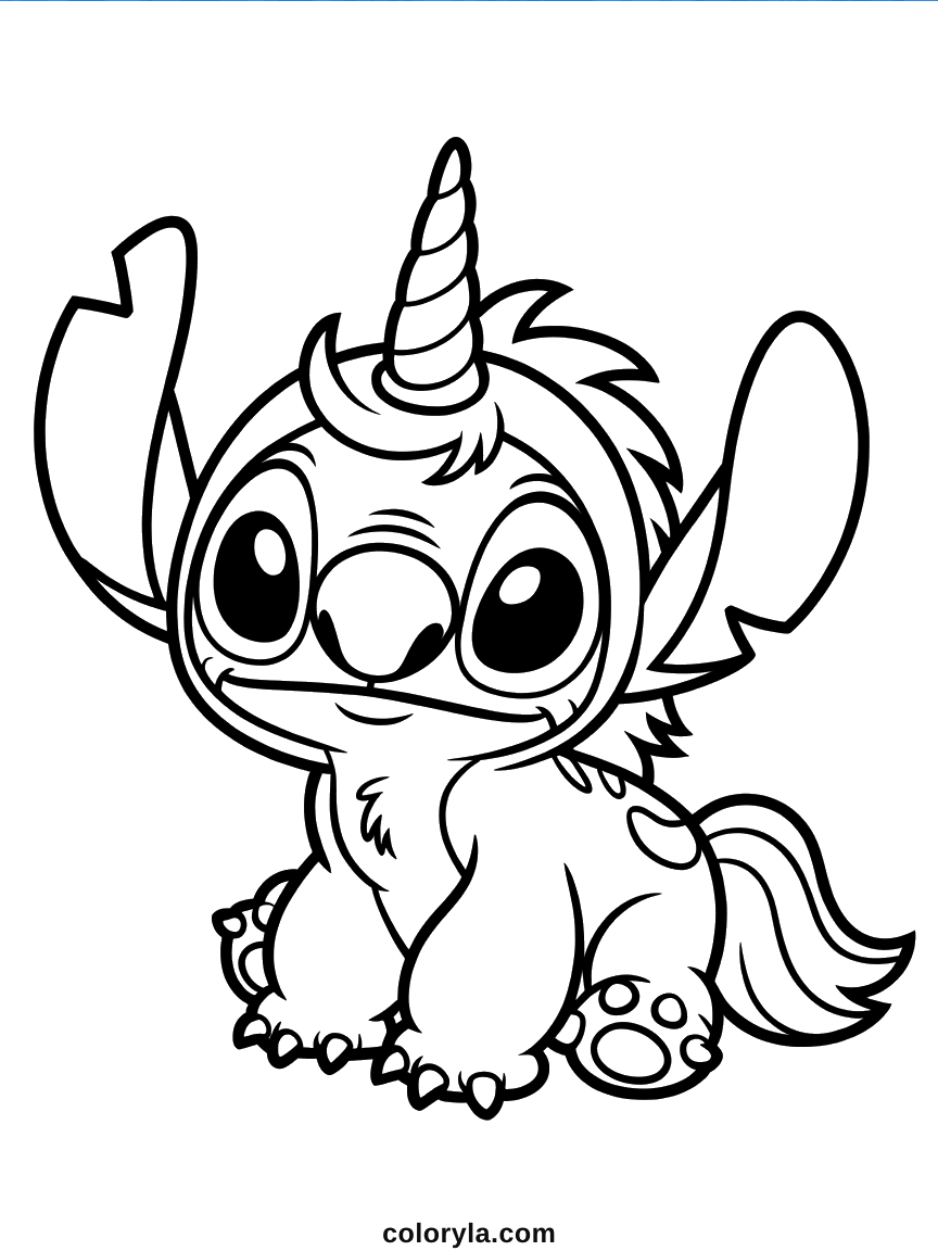 Gedrehtes Horn, wuschelige Mähne, gestreifter Schweif, ein süßes Stitch Ausmalbild im Einhornkostüm.