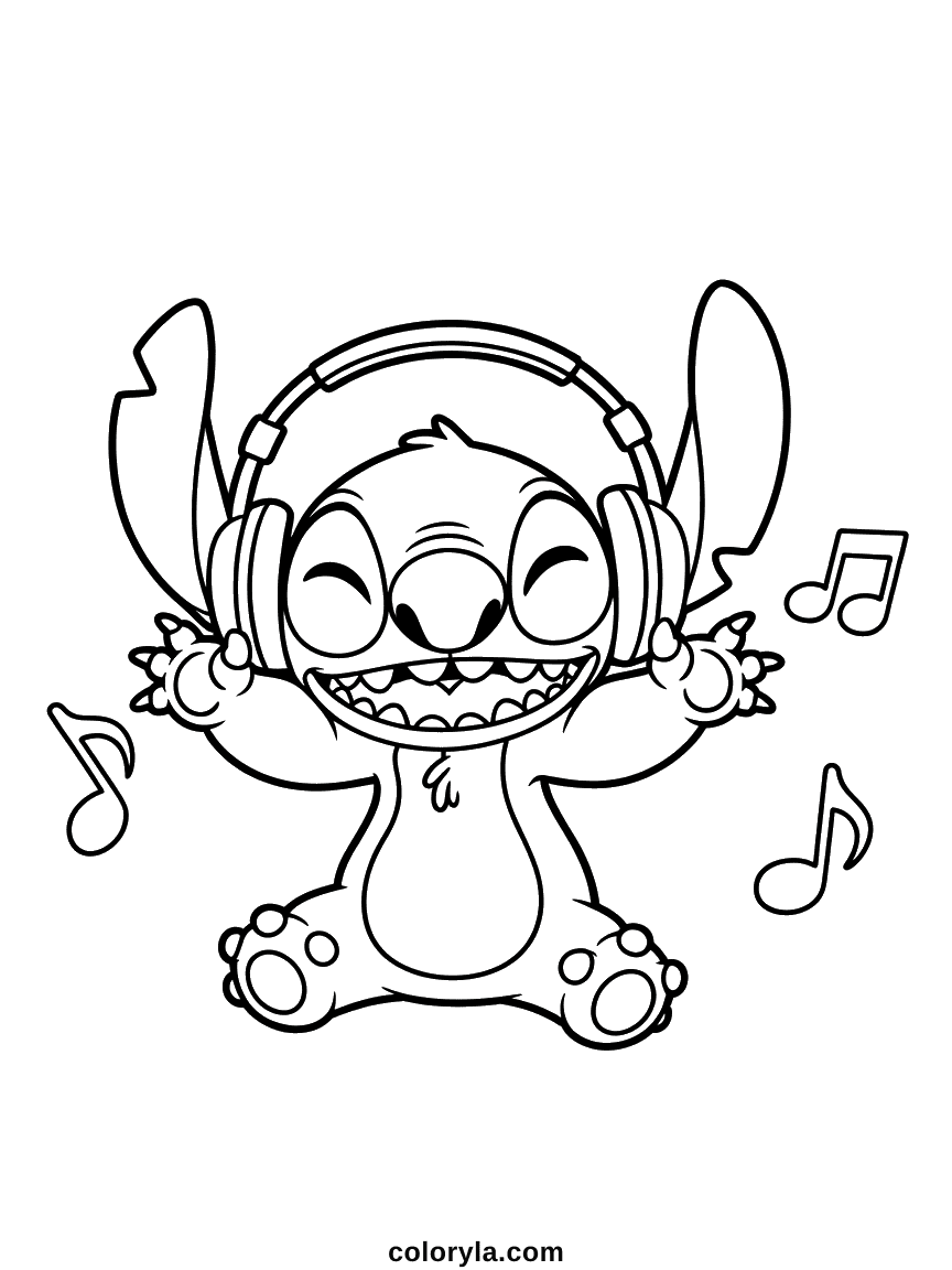 Big headphones on, eyes shut and paws in the air, a free Stitch coloring page for music lovers, printable on A4.