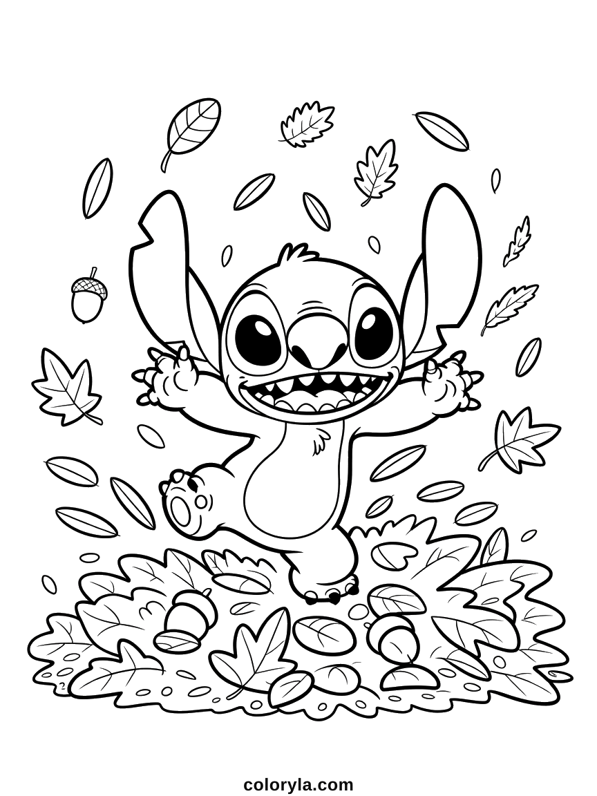 One foot kicked up in a pile of oak leaves and acorns: a cute fall Stitch coloring page, free to print on A4 paper.