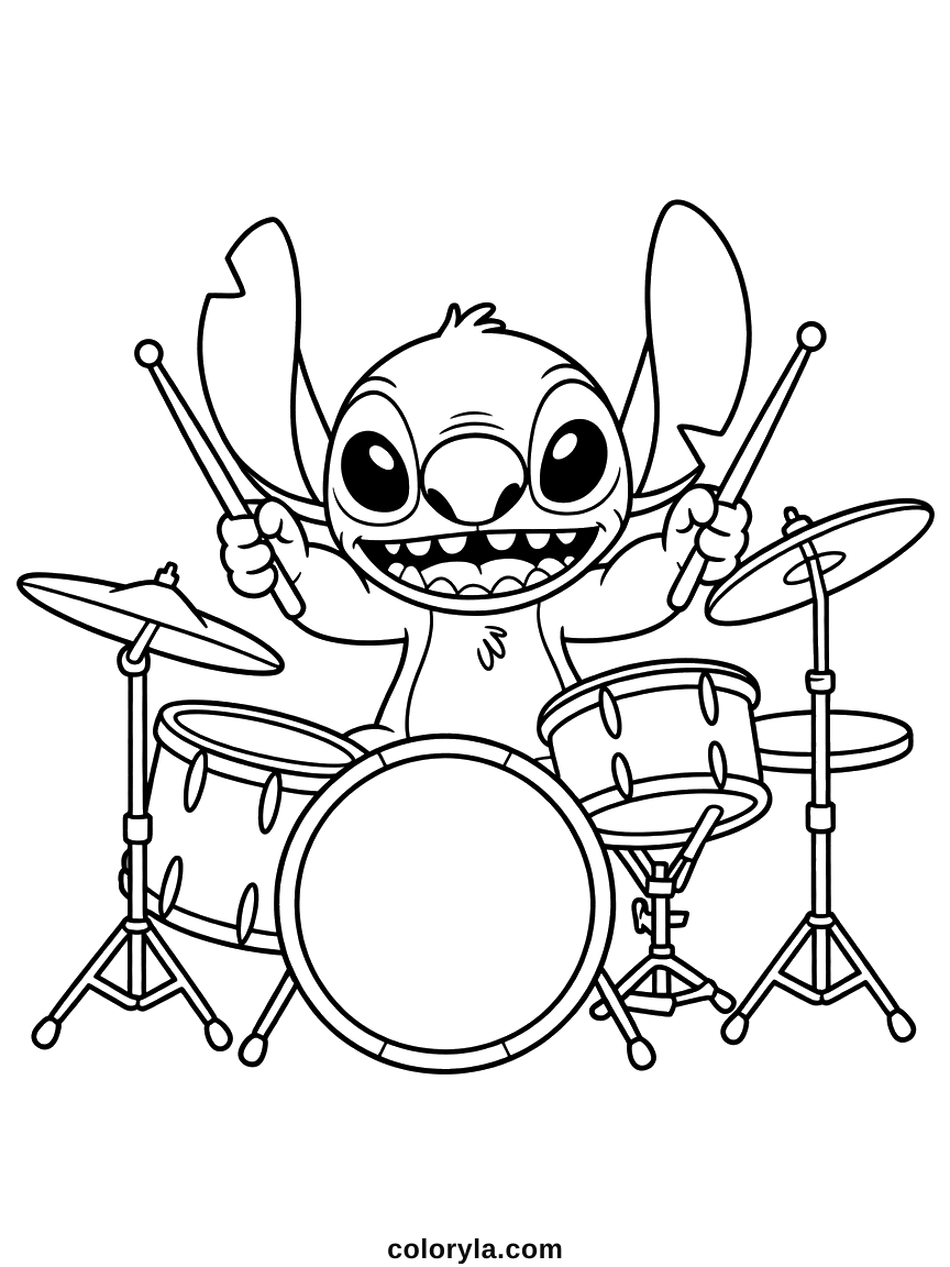 Kostenloses Ausmalbild mit Stitch am Schlagzeug: Sticks hoch erhoben, dazu Becken, Toms und eine große Basstrommel.