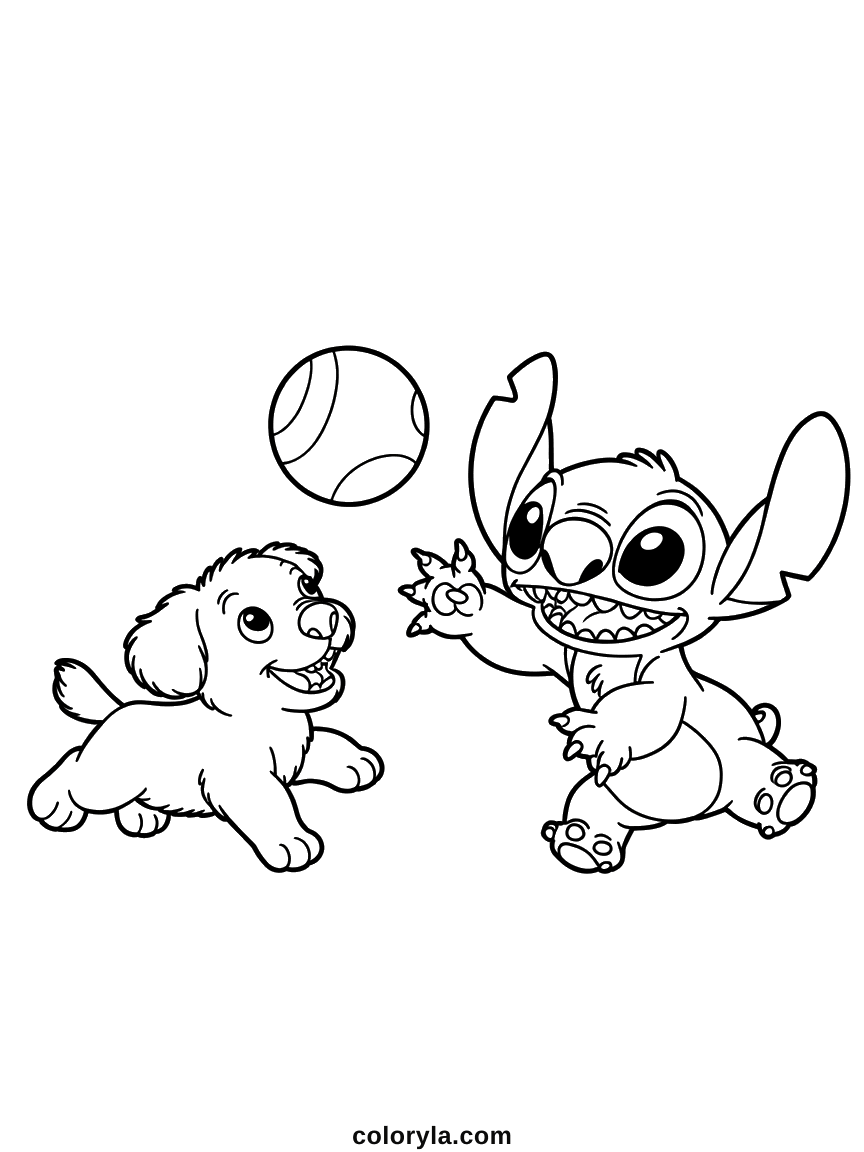 Stitch Ausmalbild, kostenlos zum Ausdrucken: Ein flauschiger Welpe und Stitch springen gemeinsam nach einem Ball.