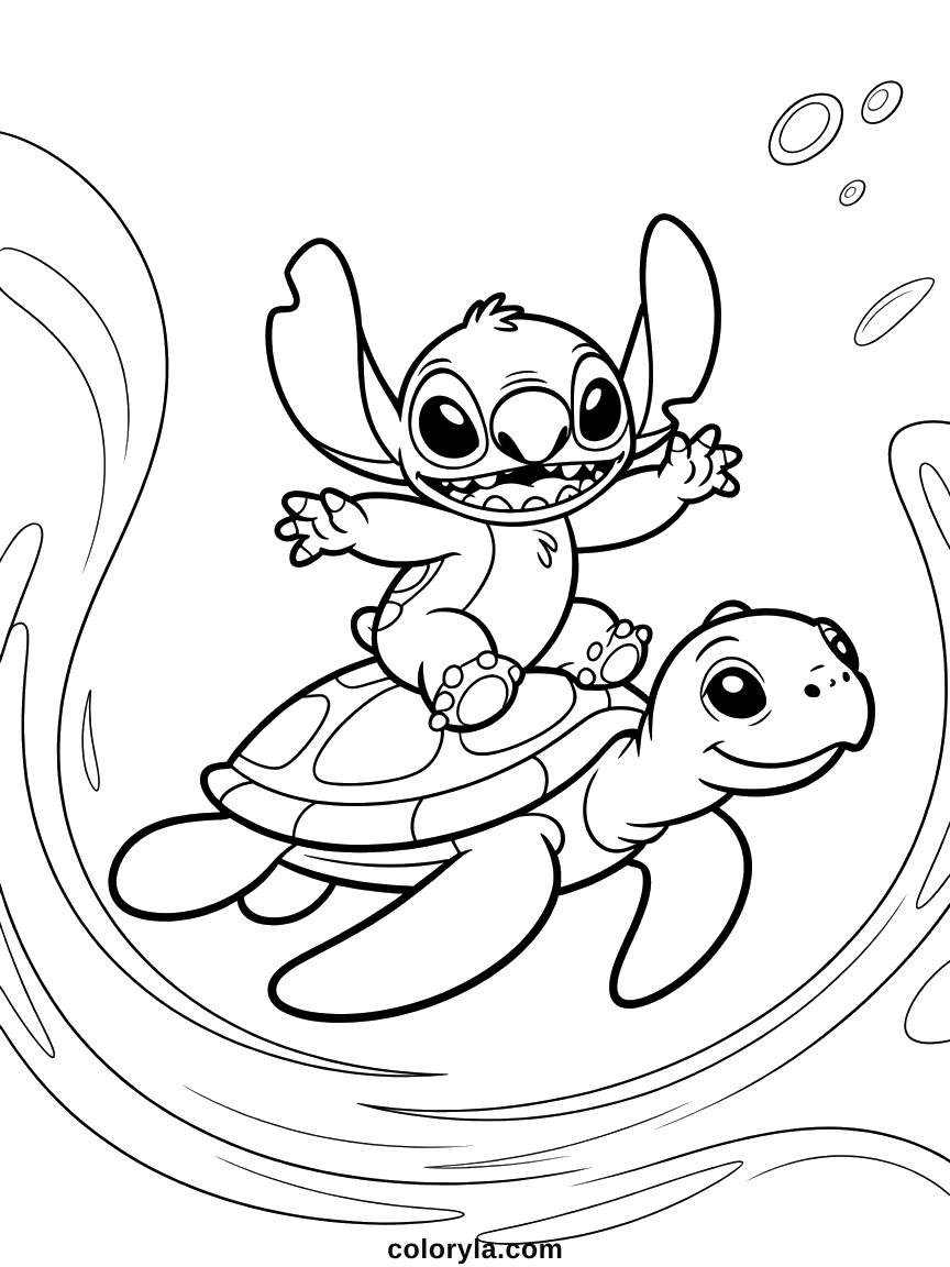 A smiling sea turtle carries him through a swirl of water and bubbles. Summer Stitch coloring page, free to print.