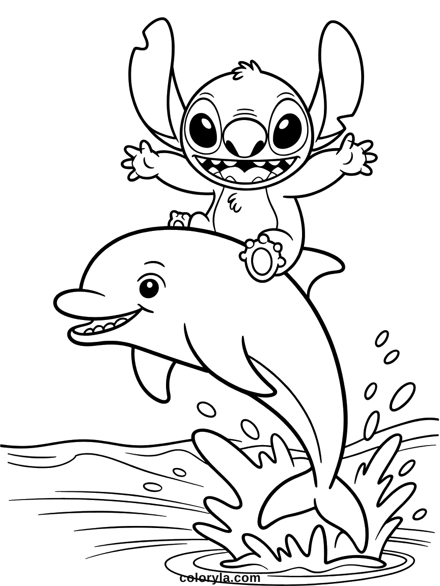A dolphin leaping out of the sea with Stitch on its back, a fun Stitch coloring page, free to print.