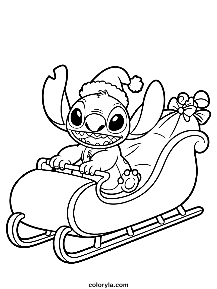 Gripping the rail of a sleigh, a gift sack tied with a bow behind him: a free Christmas Stitch coloring page.