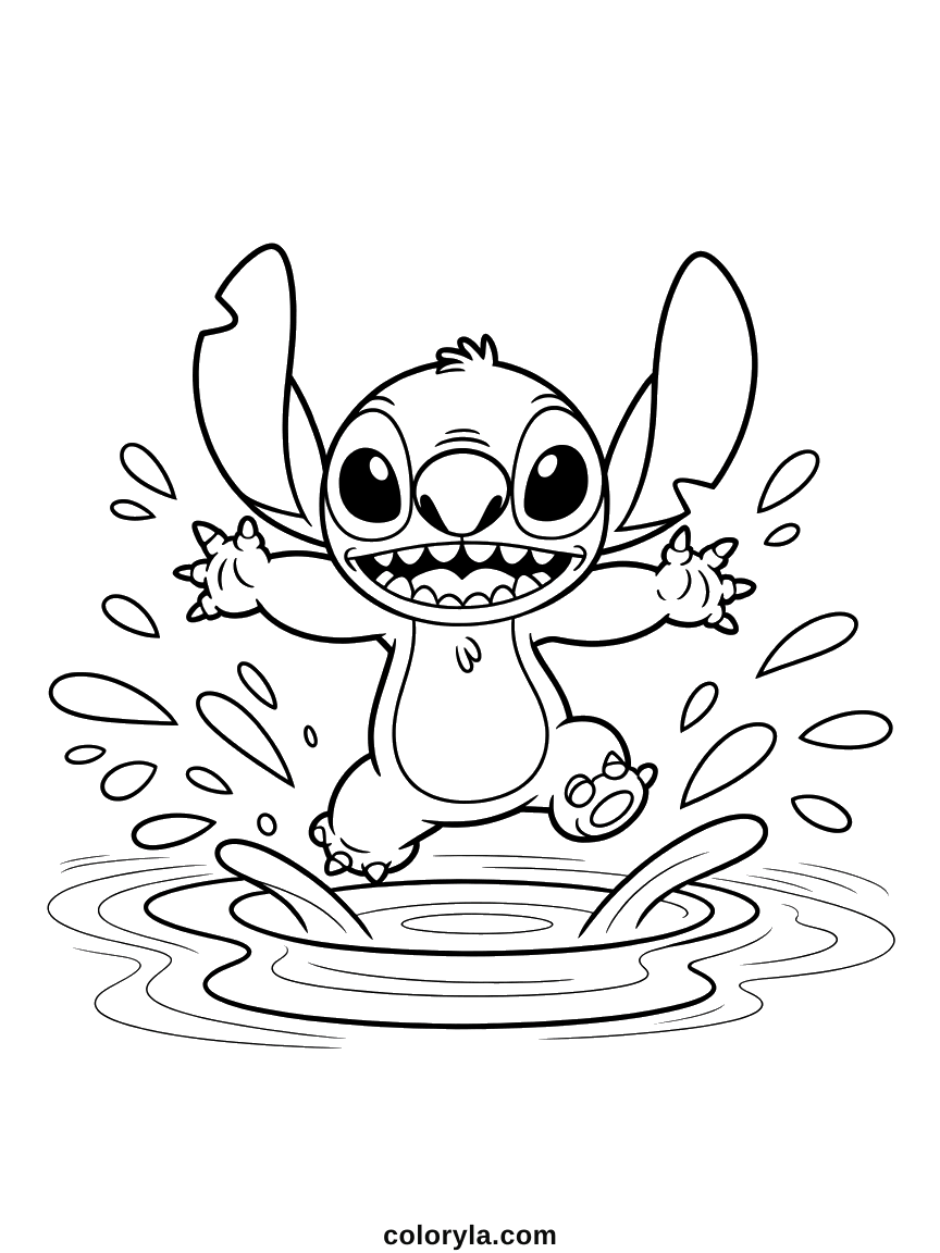 Landing feet first in a puddle with drops flying everywhere and ripples underneath: Stitch coloring page, free to print.