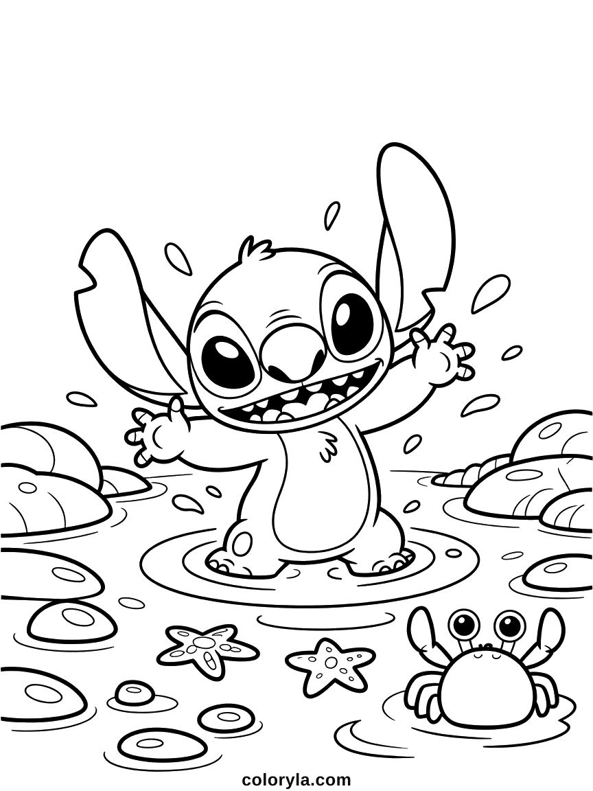 Stitch spritzt zwischen Felsen, daneben zwei Seesterne und eine Krabbe. Süßes Stitch Ausmalbild, kostenlos zum Ausdrucken.