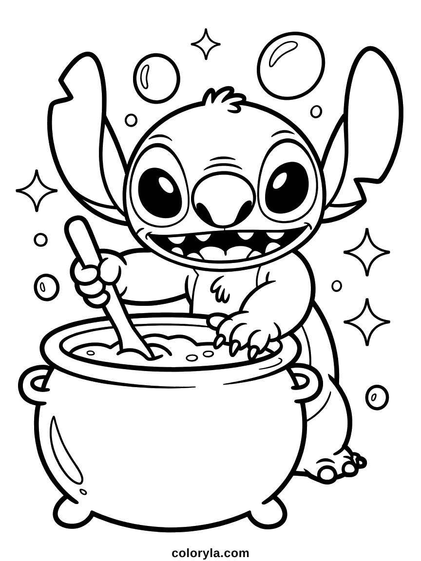 Stirring a big cauldron with a wooden spoon as bubbles rise past his ears: a free Stitch coloring page for Halloween.