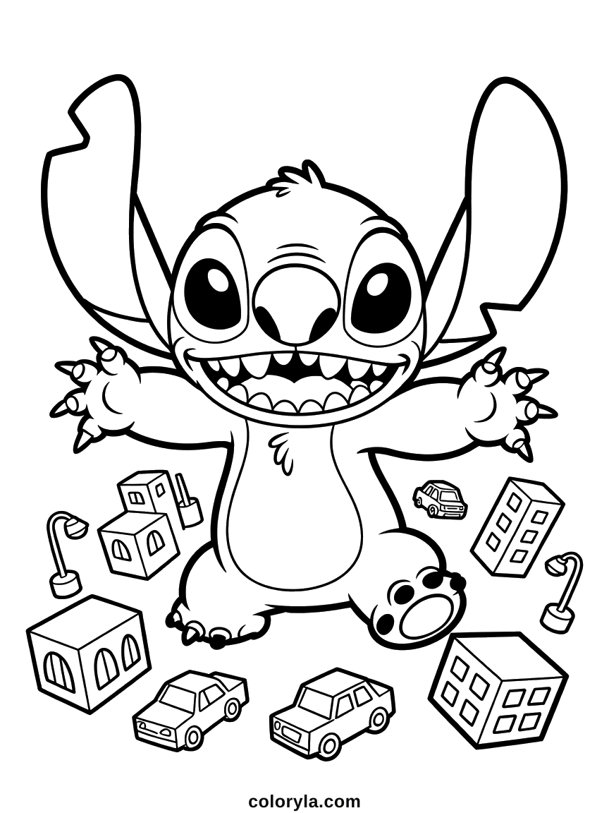 Stitch raises a foot over tiny buildings and toy cars, claws out. A fun Stitch coloring page, free to print on A4.