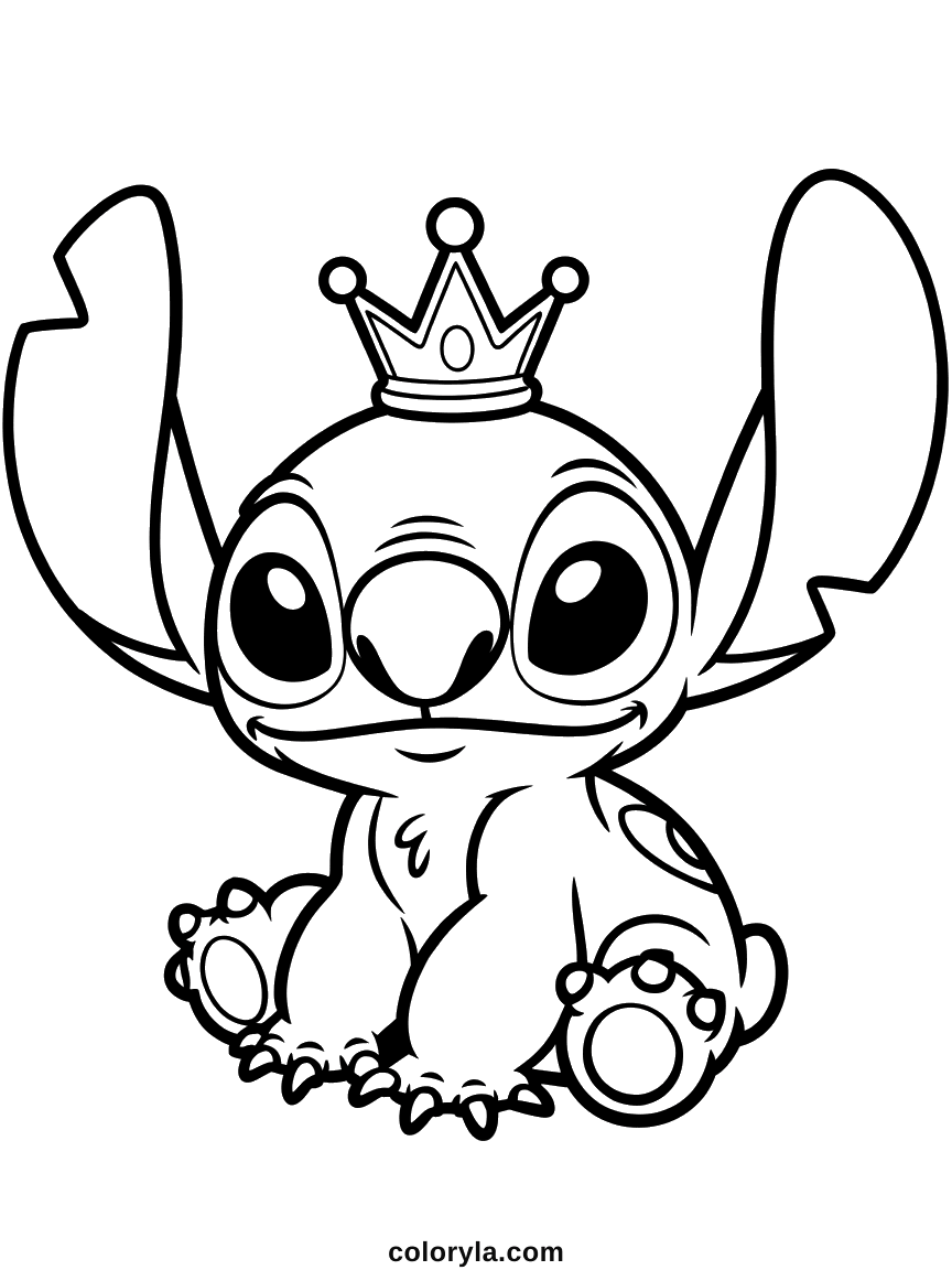 Mit kleiner Krone zwischen den Ohren, ein einfaches Ausmalbild von Stitch als Prinzessin, sitzend und zufrieden.