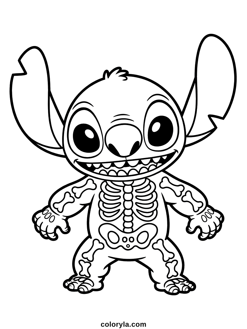 Rippen und Knochen auf dem Anzug, ein Stitch Ausmalbild zum Ausdrucken für Halloween, in dem er als Skelett grinst.