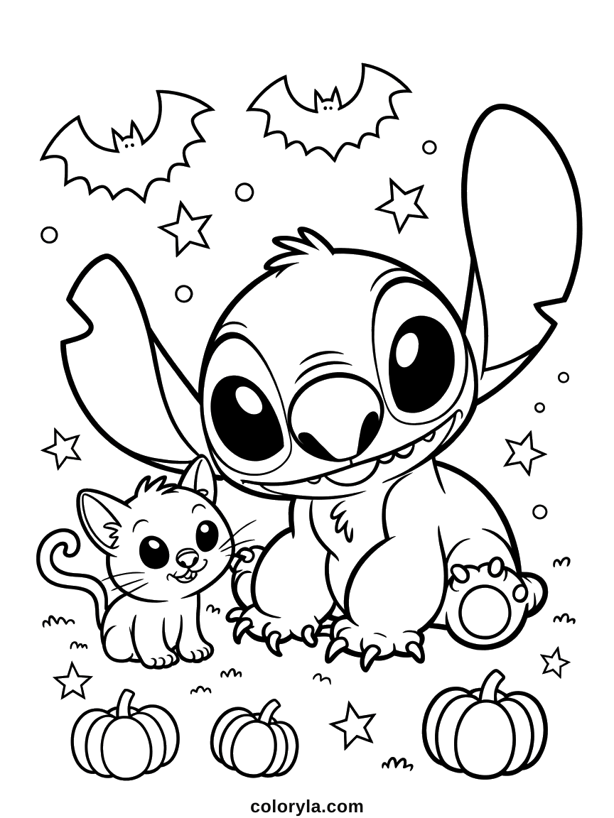 Neben Stitch sitzt ein Kätzchen mit Ringelschwanz, darüber Fledermäuse, ein süßes Stitch Ausmalbild für Halloween