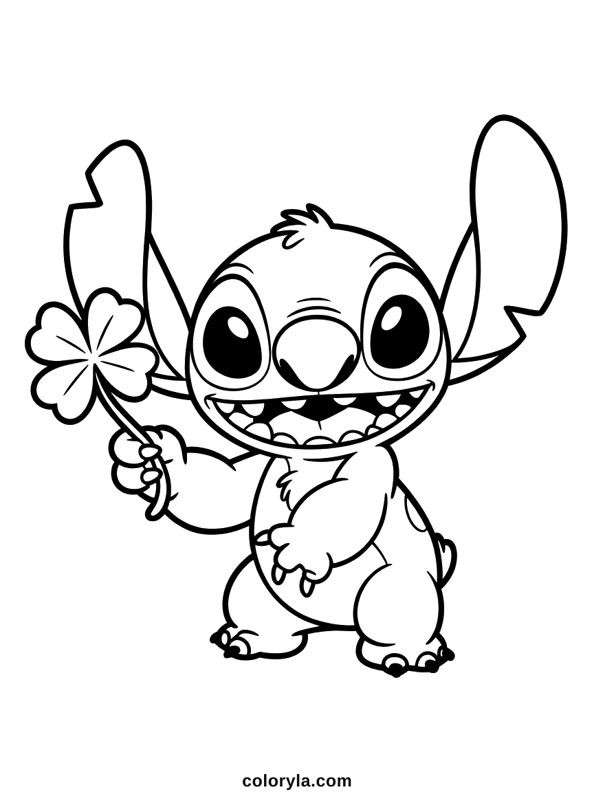 Ein vierblättriges Kleeblatt hoch am Stiel. Glücksklee Ausmalbild mit Stitch, kostenlos zum Ausdrucken.