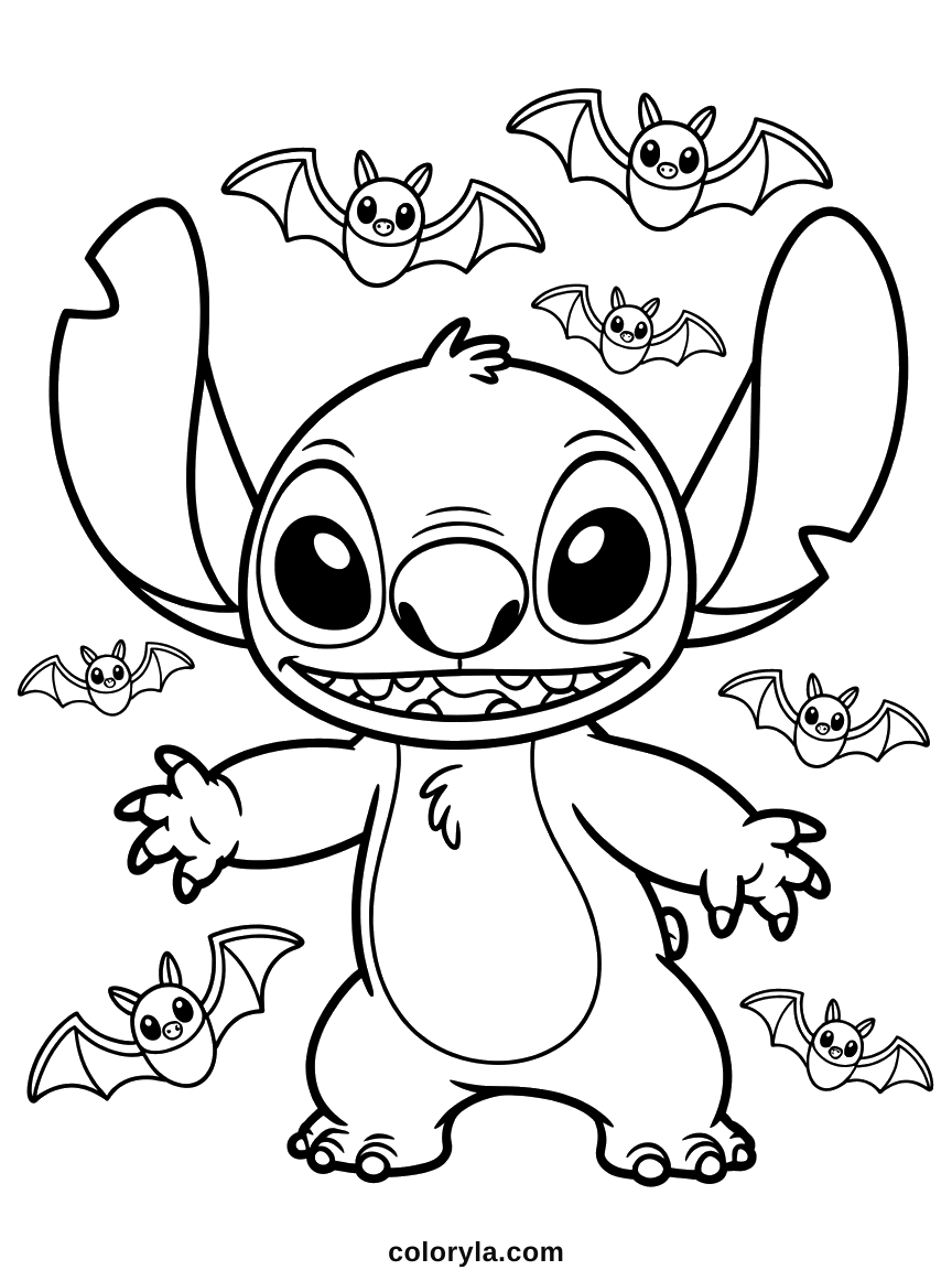 Bras ouverts au milieu des petites chauves-souris, un coloriage Stitch mignon à imprimer qui fait sourire à Halloween.