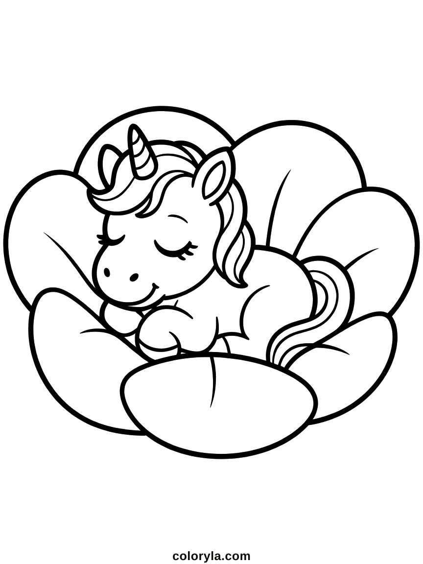 Roulé en boule et endormi dans une fleur ouverte, les yeux fermés et les pattes repliées, coloriage bébé licorne en A4.