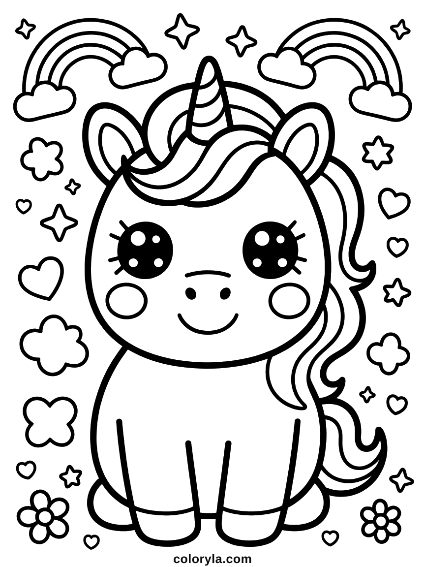 Aux énormes yeux brillants, assise parmi fleurs, cœurs et petits arcs-en-ciel, coloriage de licorne kawaii gratuit en A4.