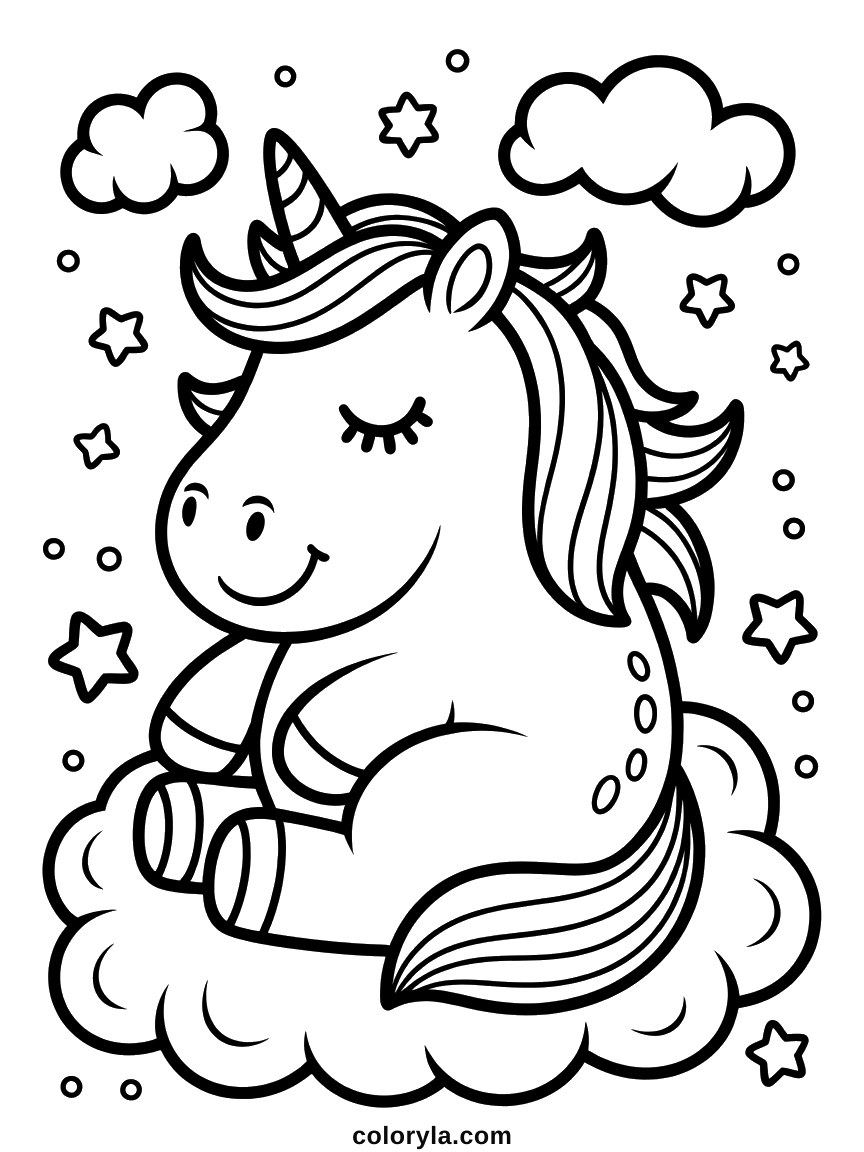 Endormie sur un nuage, les yeux fermés et la crinière qui déborde sous les étoiles, coloriage de licorne gratuit en A4.