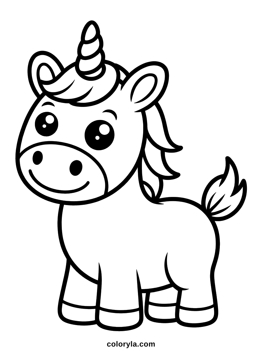 Au trait très épais avec un corps rond, des pattes courtes et un large sourire, coloriage de licorne facile et gratuit en A4.