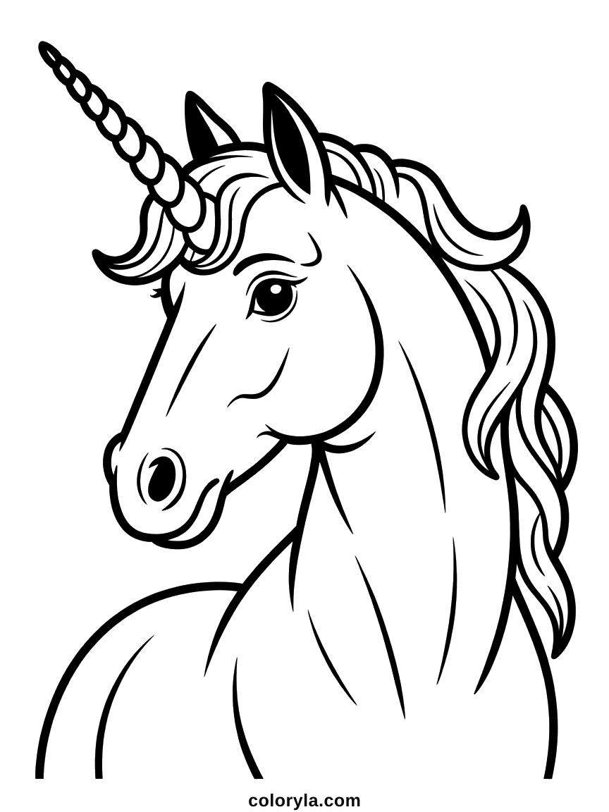 Dessinée comme un vrai cheval, tête et encolure de profil et crinière en mèches fines, coloriage de licorne détaillé en A4.