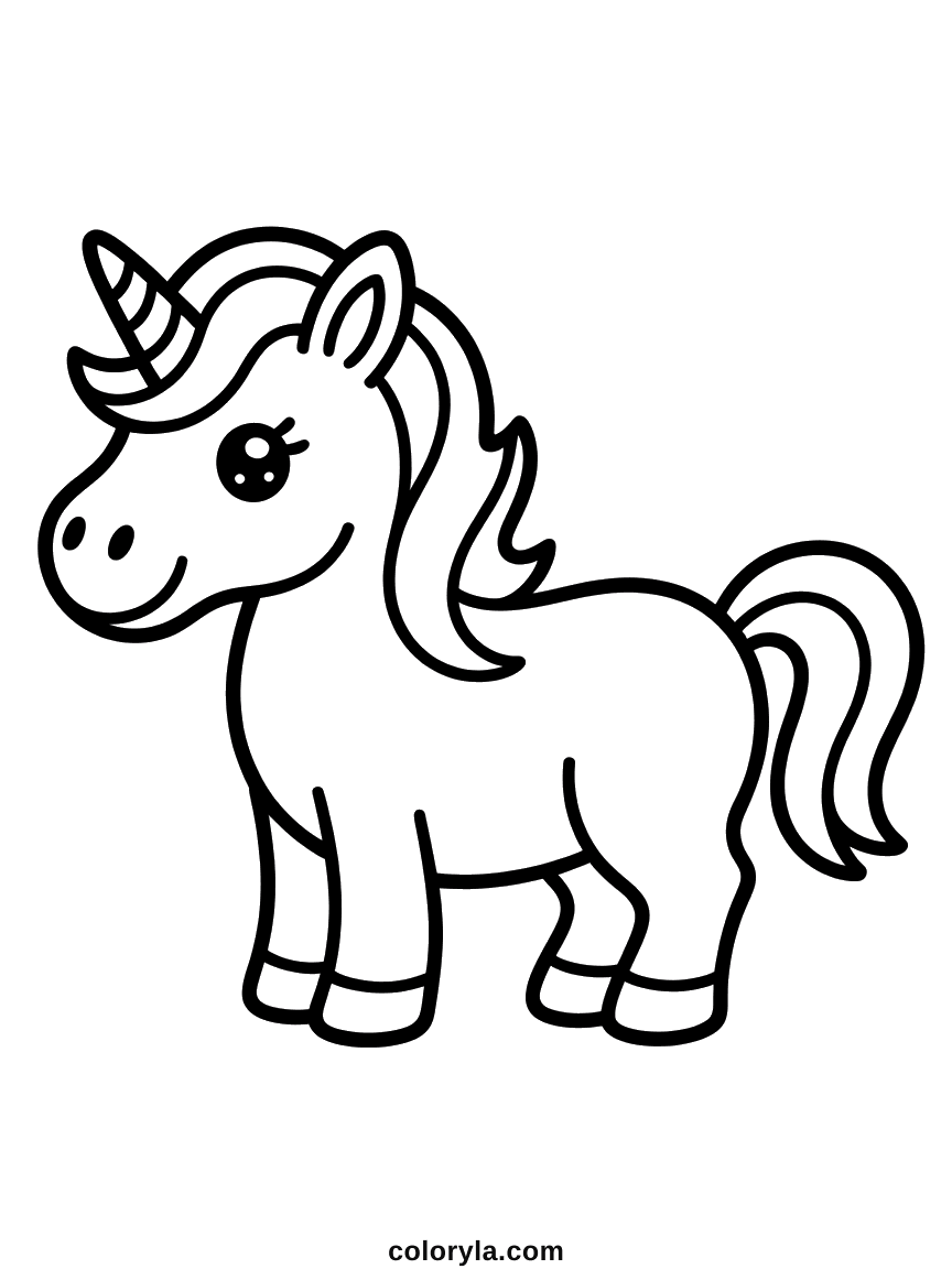 Debout de profil, crinière et queue ondulées et aucun décor, coloriage de licorne gratuit à imprimer en A4 pour la maternelle.