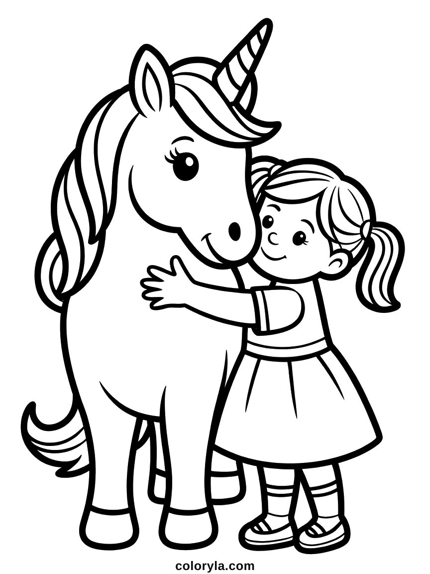 Une petite fille serre une licorne par l'encolure, la licorne baisse la tête vers elle, coloriage gratuit à imprimer en A4.