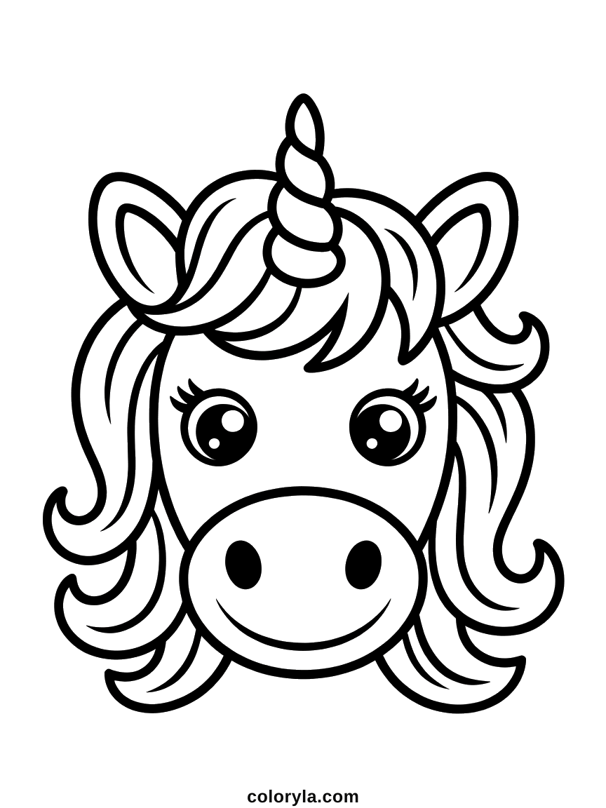 Une tête qui remplit la feuille avec corne en spirale, longs cils et crinière en vagues épaisses, coloriage de licorne en A4.