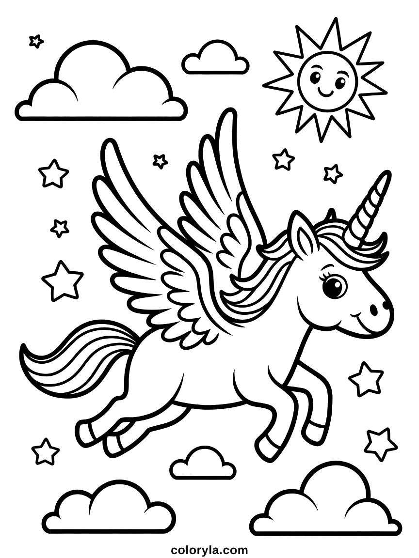 En plein vol, ailes grandes ouvertes parmi nuages et étoiles, les plumes rangée par rangée, coloriage de licorne en A4.