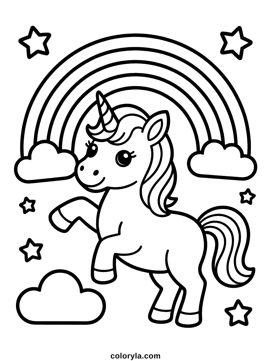 Cabrée devant un arc-en-ciel rayé avec des nuages arrondis et de petites étoiles autour, coloriage de licorne gratuit en A4.